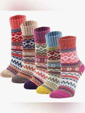 YZKKE 5Pack Vintage Winter Cold Knit Wool Crew Socks Multicolor NWT